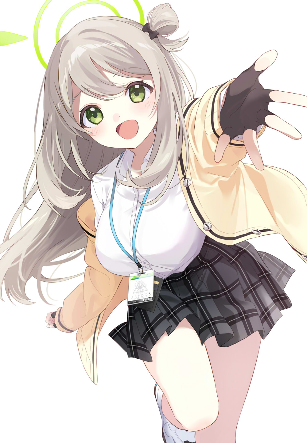 1girl, blue_archive, blush, bow, breasts, collared_shirt, commentary, fingerless_gloves