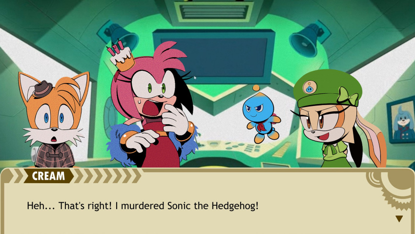 amy_rose, blue_eyes, brown_eyes, cape, cheese_the_chao, cream_the_rabbit, dress, everyone, fake_screenshot, furry, galaxy_cowboy, gameplay_mechanics, gloves, green_eyes, hat, headgear, headwear_request, highres, pink_fur, pink_hair, sega, smile, sonic_(series), tails_(sonic), the_murder_of_sonic_the_hedgehog, uniform, visual_novel, yellow_fur