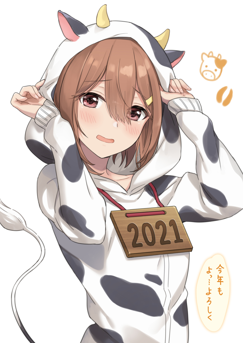 1girl, 2021, animal_print, azuki_yui, brown_eyes, brown_hair, collarbone, cow