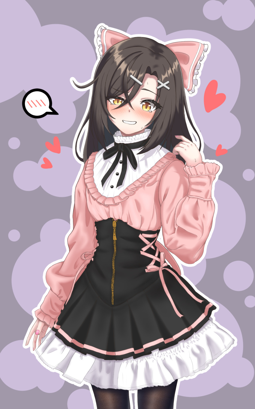 1girl, alternate_costume, black_hair, black_ribbon, black_skirt, blush, bow, brown_pantyhose, buttons, christina_brecht, counter:side, cowboy_shot, fingernails, frilled_bow, frills, hair_ornament, hairclip, hand_up, heart, high-waist_skirt, highres, large_bow, long_hair, looking_at_viewer, nail_polish, pantyhose, pink_bow, pink_nails, pink_shirt, ribbon, rladnr6, shirt, skirt, solo, spoken_blush, sweatdrop, tearing_up, x_hair_ornament, yellow_eyes, zipper