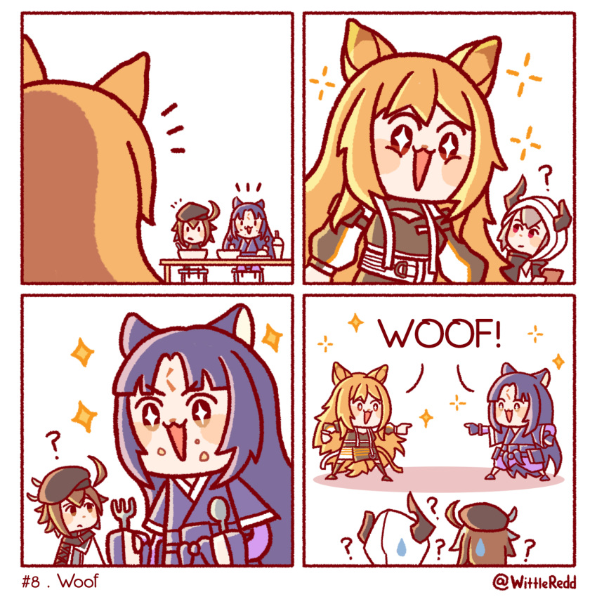 +_+, 4girls, ?, animal_ears, arknights, bird_girl, blonde_hair, brown_hair