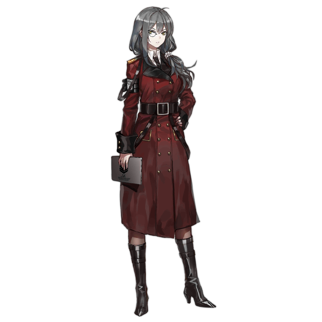 1girl, ahoge, armband, belt, black_armband, black_belt, black_footwear, black_necktie, boots, bow, brown_eyes, brown_pantyhose, buttons, closed_mouth, coat, collared_shirt, double-breasted, full_body, girls_frontline, grey_hair, griffin_&amp;_kryuger, griffin_&amp;_kryuger_military_uniform, hair_between_eyes, hair_bow, hair_ornament, hair_over_shoulder, hair_scrunchie, hand_on_own_hip, helianthus_(girls'_frontline), high_heel_boots, high_heels, holding, holding_tablet_pc, infukun, looking_at_viewer, military, military_uniform, monocle, necktie, non-web_source, nose, official_art, pantyhose, ponytail, red_coat, scrunchie, shirt, solo, standing, tablet_pc, transparent_background, uniform, white_scrunchie, white_shirt
