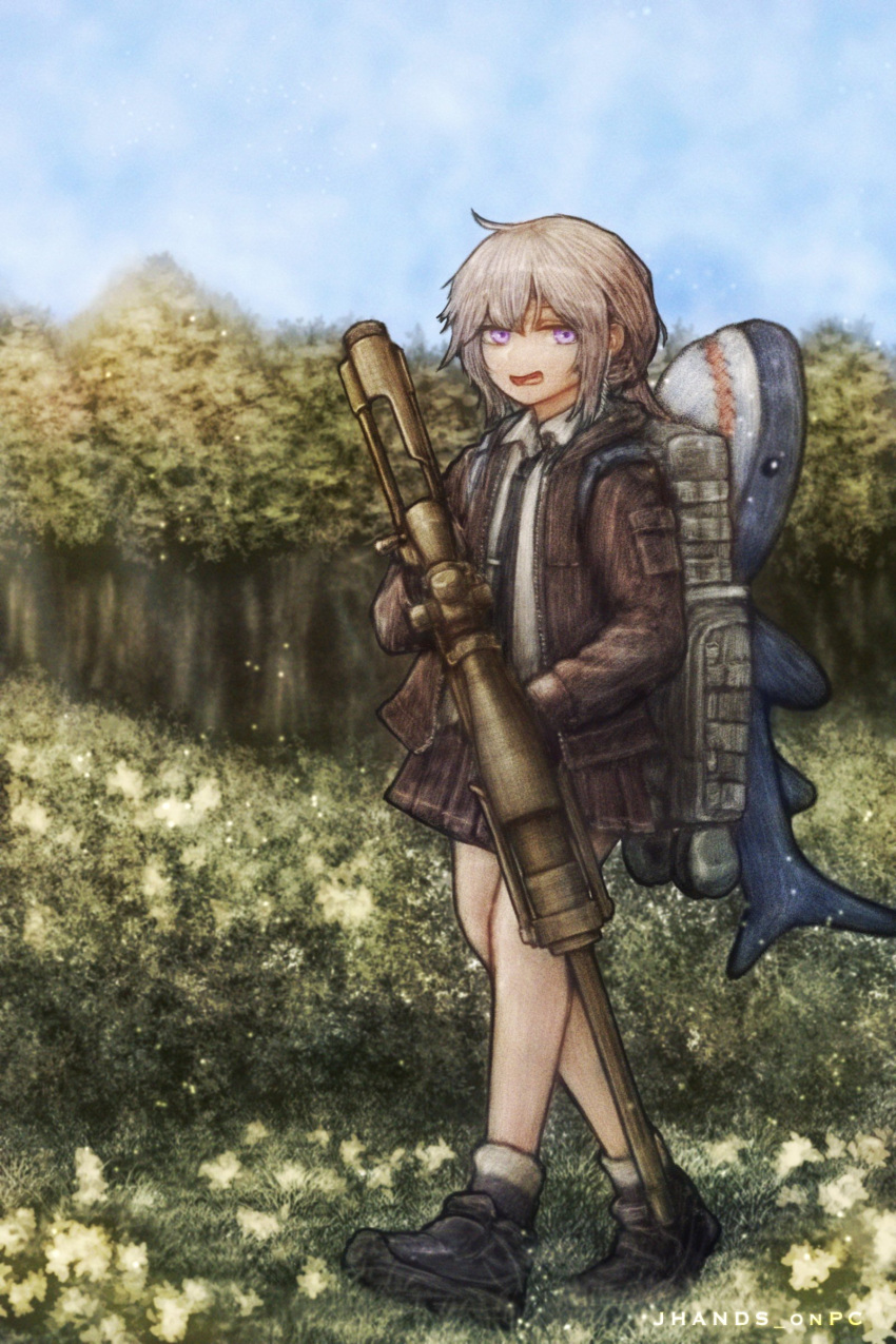 1girl, absurdres, artist_name, black_footwear, black_necktie, blue_sky, bolt_action, brown_jacket
