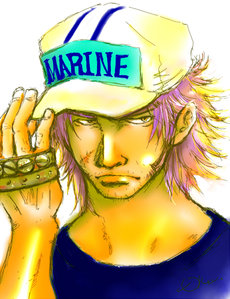 1boy, baseball_cap, brass_knuckles, closed_mouth, english_text, facial_hair, fullbody_(one_piece), hat