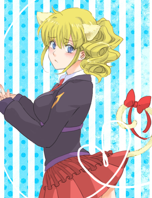 blonde_hair, blue_eyes, cat_ears, hinata_neko, ponytail, ribbon, skirt, tail