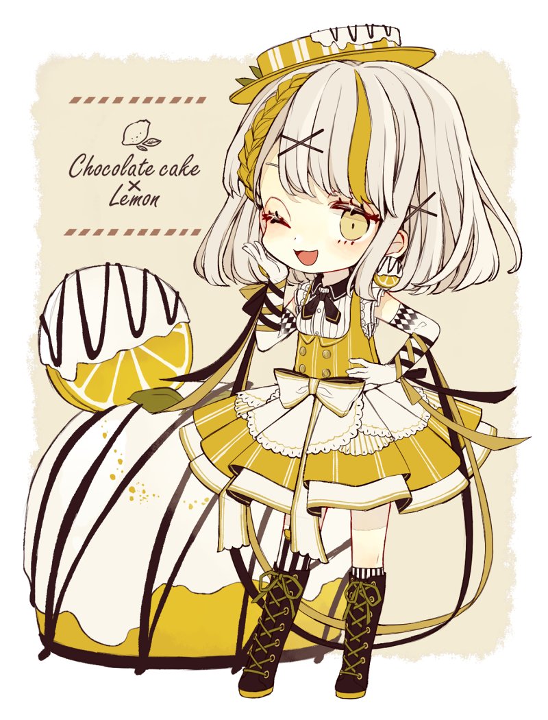 1girl, akakura, apron, artist_name, black_footwear, box, cake, chibi