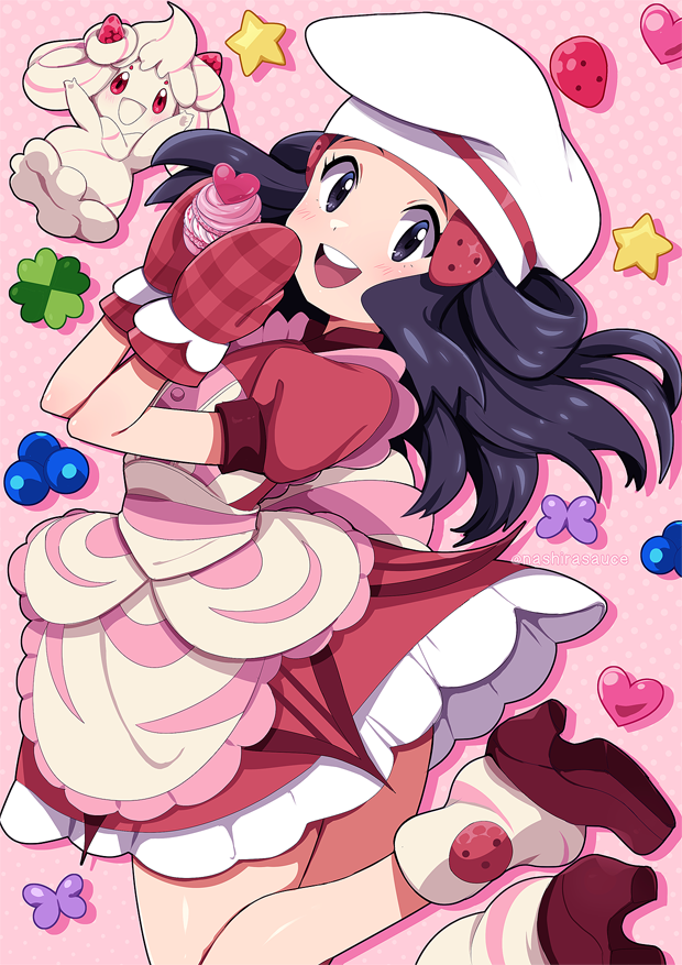 1girl, alcremie, apron, black_eyes, black_hair, blush, cupcake, dawn_(palentine's_2021)_(pokemon)
