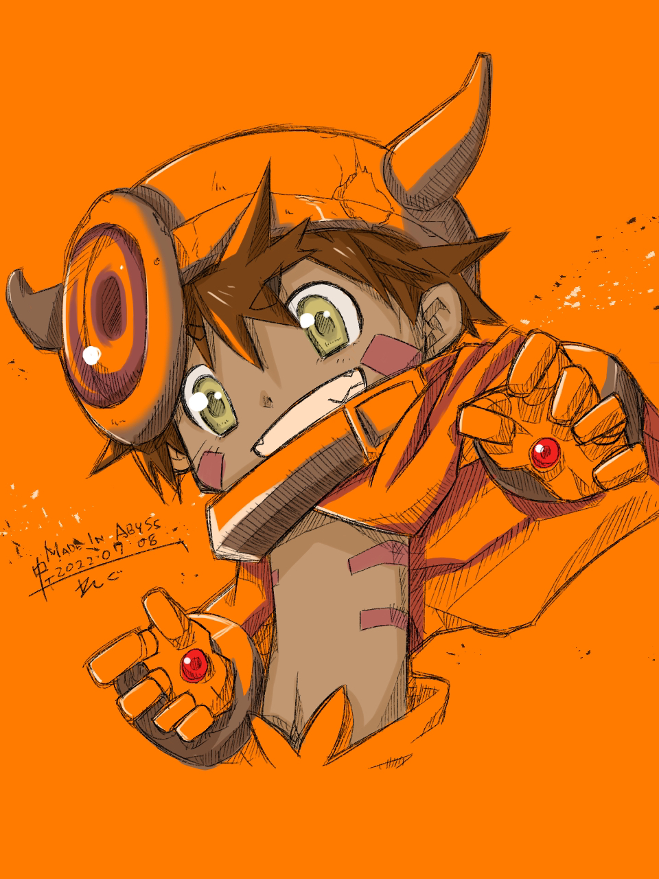 1boy, brown_hair, chest_tattoo, child, commentary_request, dark-skinned_male, dark_skin, fake_horns, green_eyes, helmet, highres, horned_helmet, horns, made_in_abyss, male_child, male_focus, mechanical_arms, niji_papa, orange_background, regu_(made_in_abyss), simple_background, smile, solo, tattoo, teeth, topless_male, translation_request