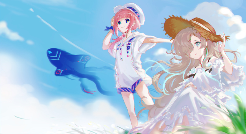 2girls, alternate_costume, animal, asukayou, blonde_hair, blue_eyes, blue_hair, blue_ribbon