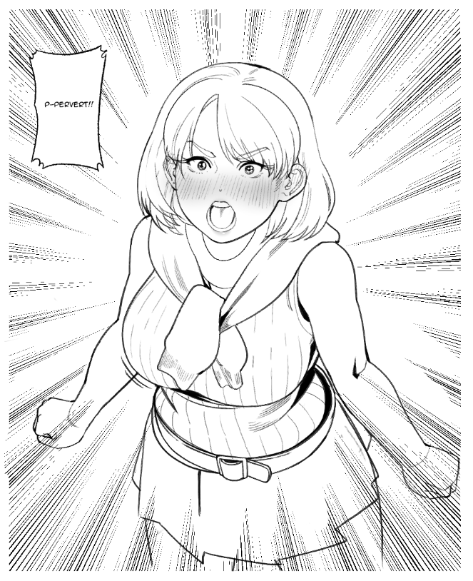 1girl, alternate_body_size, ashley_graham, blush, breasts, clenched_hands, emphasis_lines, english_text
