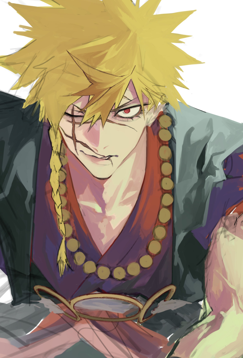 1boy, absurdres, aza_choubei, bead_necklace, beads, blonde_hair, braid, cross_scar