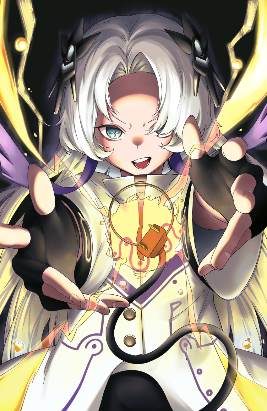 1girl, absurdres, aqua_eyes, asymmetrical_sleeves, black_background, black_gloves, cevio, coat, commentary_request, daradara_art, electric_plug, electricity, fingerless_gloves, floating, floating_hair, floating_object, foreshortening, gloves, hair_ornament, hair_over_one_eye, high_collar, highres, kamitsubaki_studio, looking_at_viewer, multicolored_hair, o-ring, open_mouth, outstretched_arms, purple_hair, sekai_(cevio), smirk, solo, star-shaped_pupils, star_(symbol), streaked_hair, symbol-shaped_pupils, underlighting, uneven_sleeves, upper_body, v-shaped_eyebrows, white_coat, white_hair, zipper_pull_tab