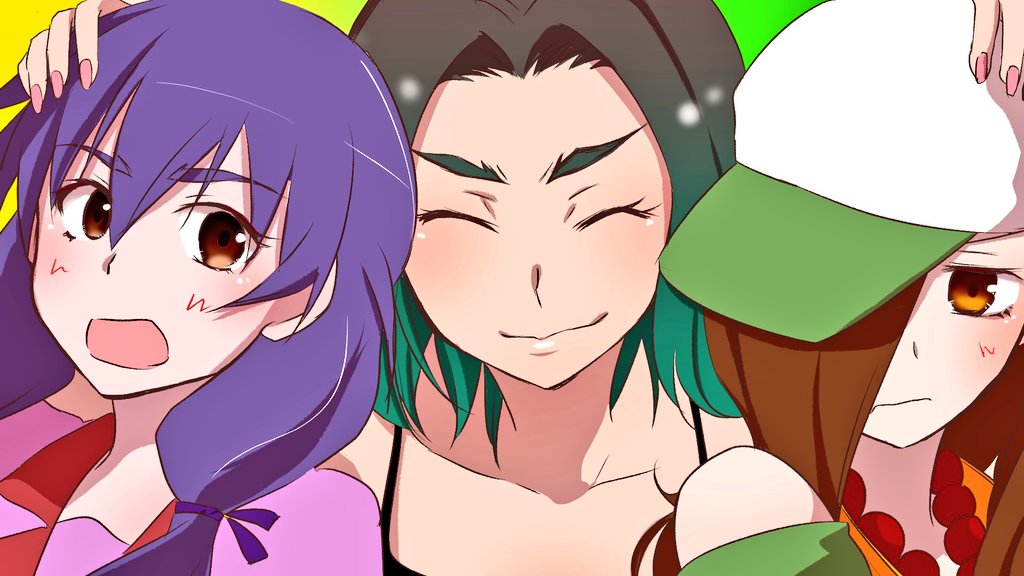 3girls, 756san, :o, age_difference, aunt_and_niece, bare_shoulders, baseball_cap, beads