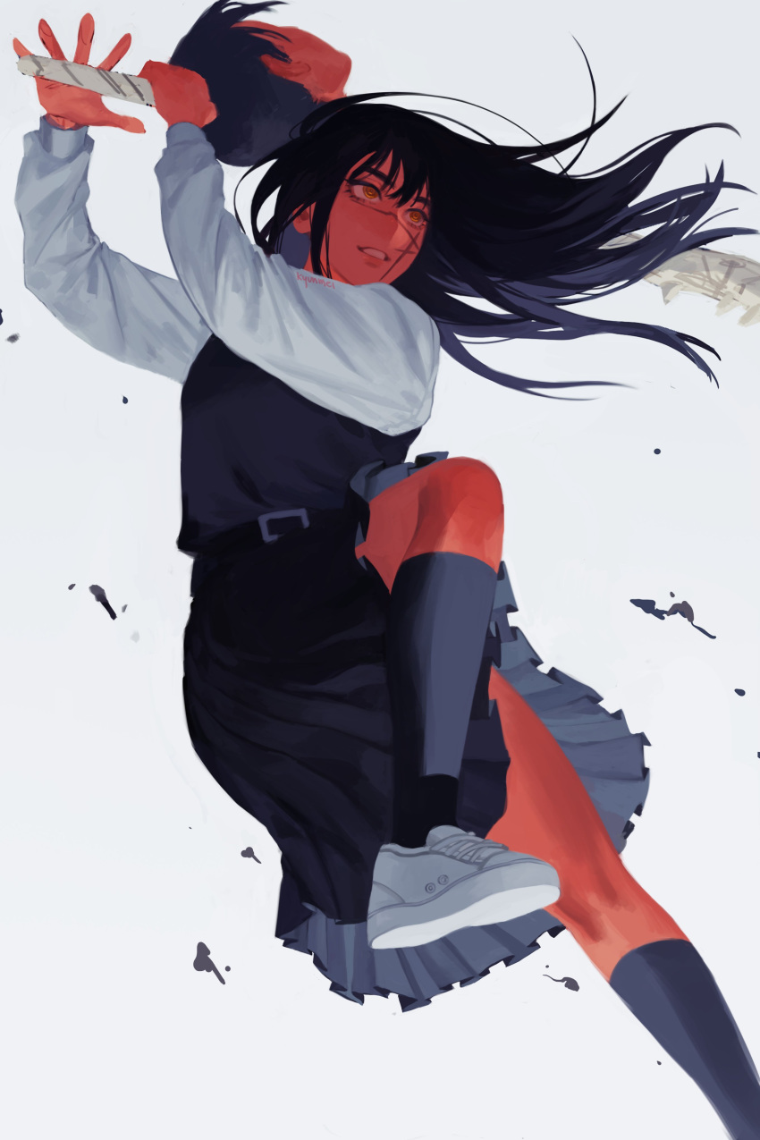 1girl, absurdres, black_socks, blunt_bangs, chainsaw_man, dress, floating_hair, fourth_east_high_school_uniform
