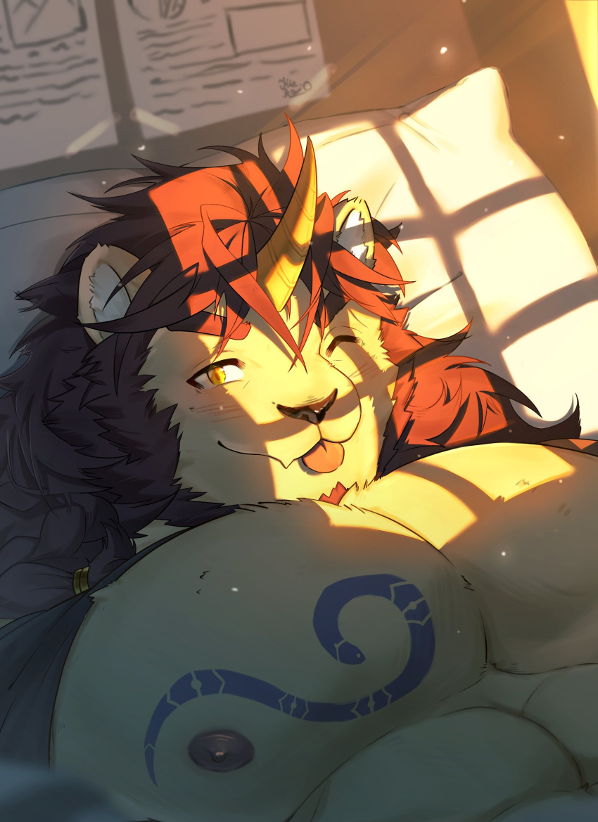 absurdres, animal_ears, bare_pectorals, chest_tattoo, fang, hair_between_eyes, highres, horns, kiekoio, lion, muscular, muscular_male, on_bed, one_eye_closed, paper, pazuzu_(housamo), pectorals, single_horn, tattoo, tokyo_afterschool_summoners, tongue, tongue_out, window_shade, yellow_eyes