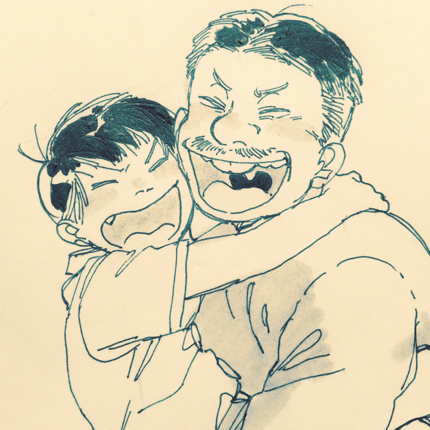 2boys, black_hair, buck_teeth, child, closed_eyes, facial_hair, fang, father_and_son