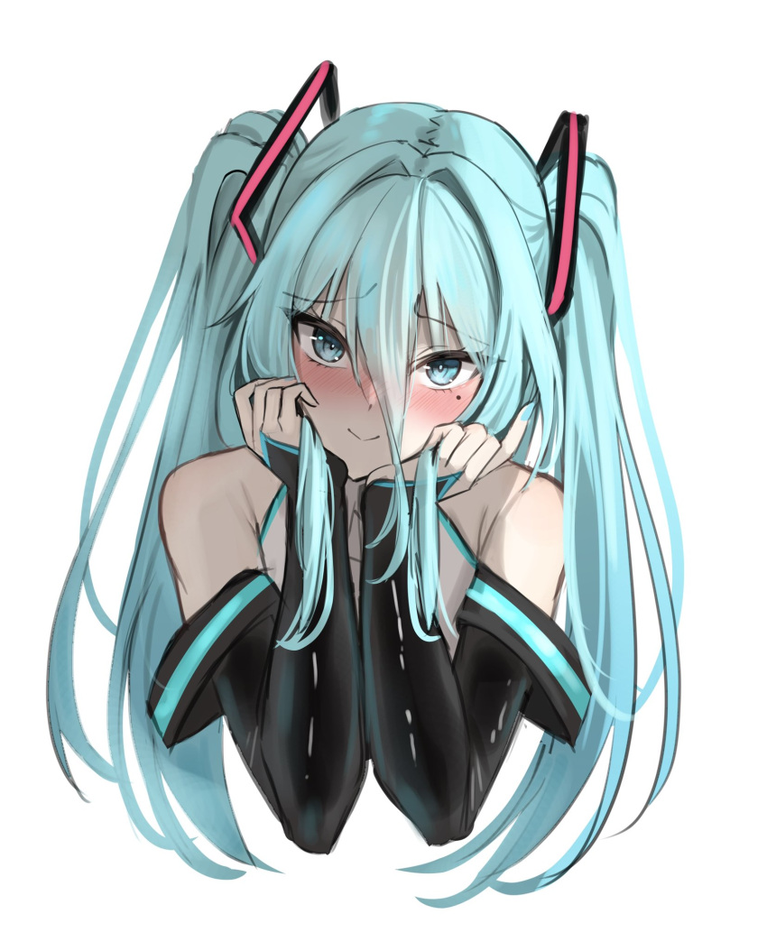 1girl, aqua_eyes, aqua_hair, blush, closed_mouth, commentary, detached_sleeves, hair_between_eyes, hana_hebi, hand_in_own_hair, hatsune_miku, highres, long_hair, looking_at_viewer, mole, mole_under_eye, simple_background, smile, solo, twintails, upper_body, vocaloid, white_background