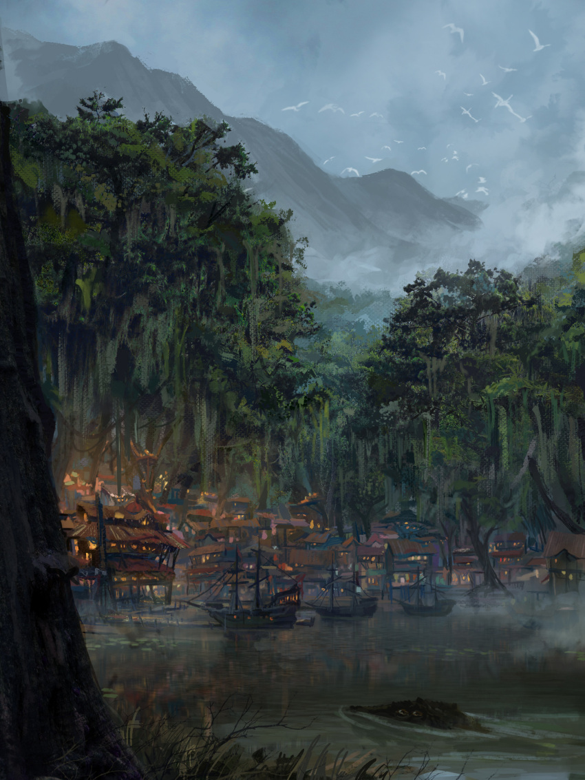 absurdres, bird_wings, boat, city_lights, critical_role, crocodile, crocodilian, day