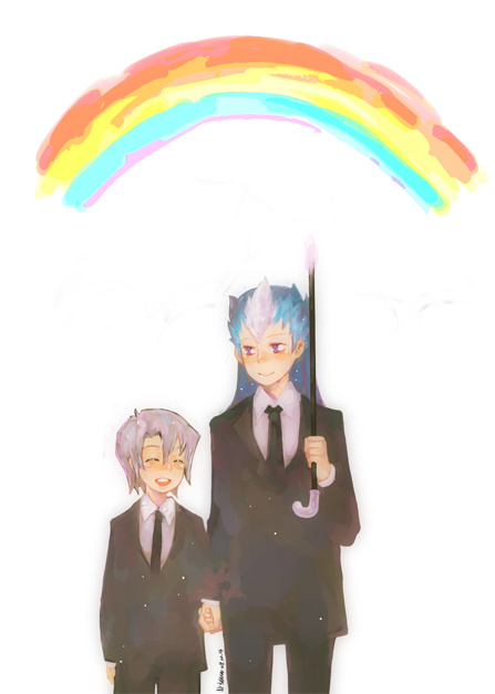2boys, black_jacket, black_necktie, black_pants, blazer, blue_hair, blush, closed_eyes
