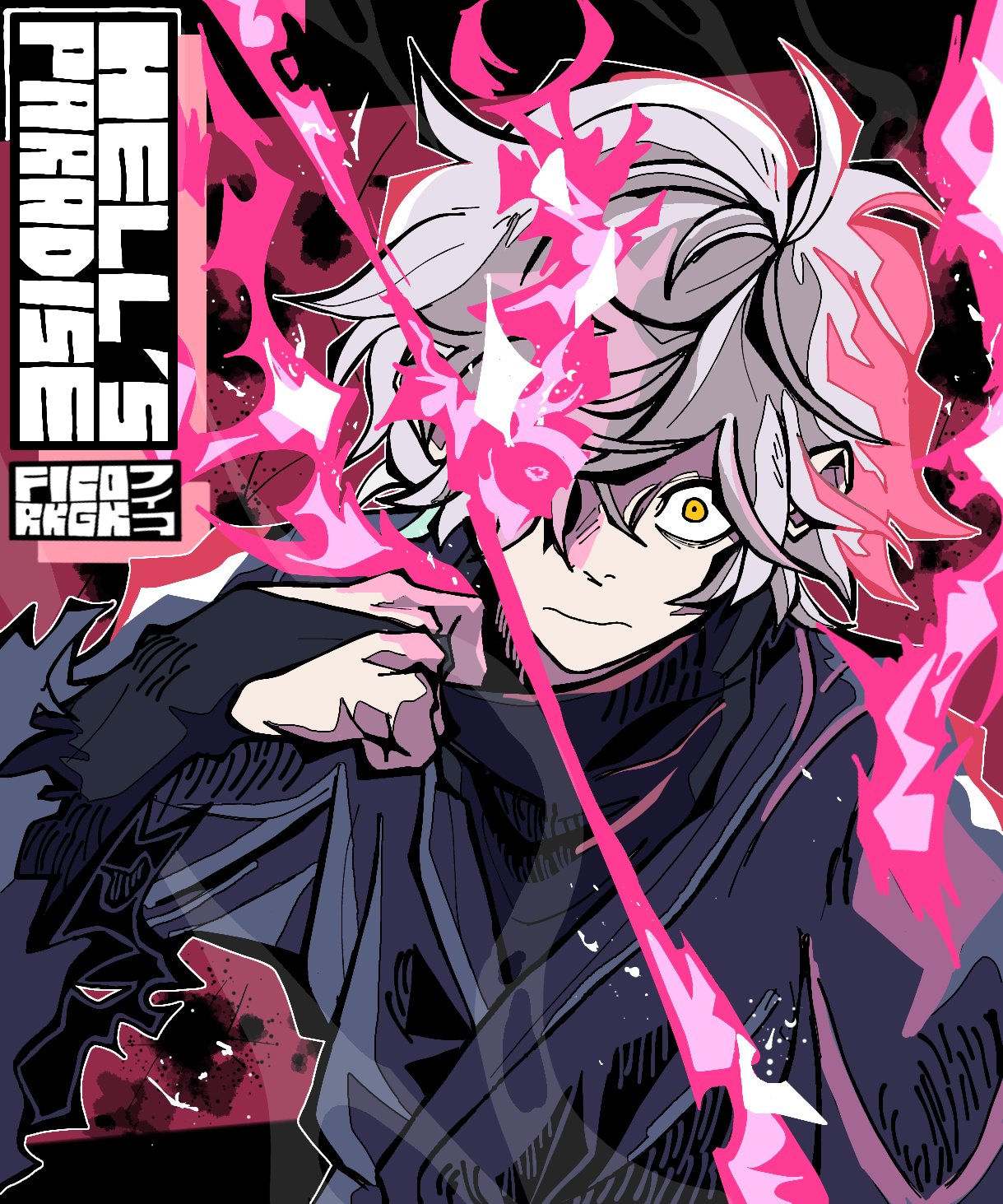 1boy, andoryu, black_robe, bridal_gauntlets, burning, copyright_name, fire, flaming_eye