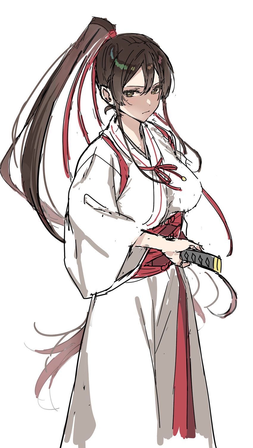 1girl, asahina_hikage, breasts, brown_hair, hair_ribbon, highres, holding, holding_sword