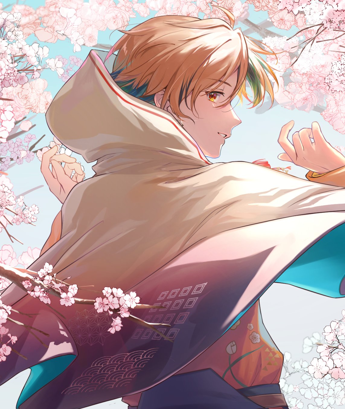 1boy, asa_no_ha_(pattern), black_hair, cape, cherry_blossoms, day, earrings, floral_print