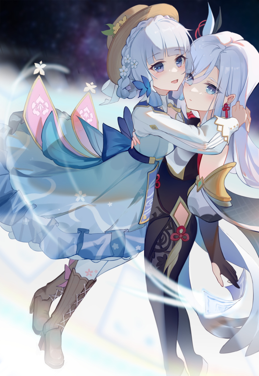 2girls, arm_around_waist, arms_around_neck, black_bodysuit, black_gloves, blue_dress, blue_eyes, blue_hair