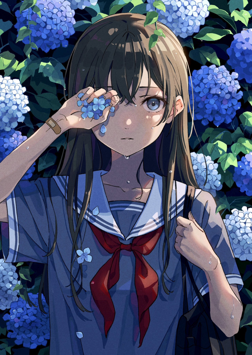 1girl, bag, bandaid, bandaid_on_arm, bandaid_on_wrist, black_background, black_hair, blue_eyes