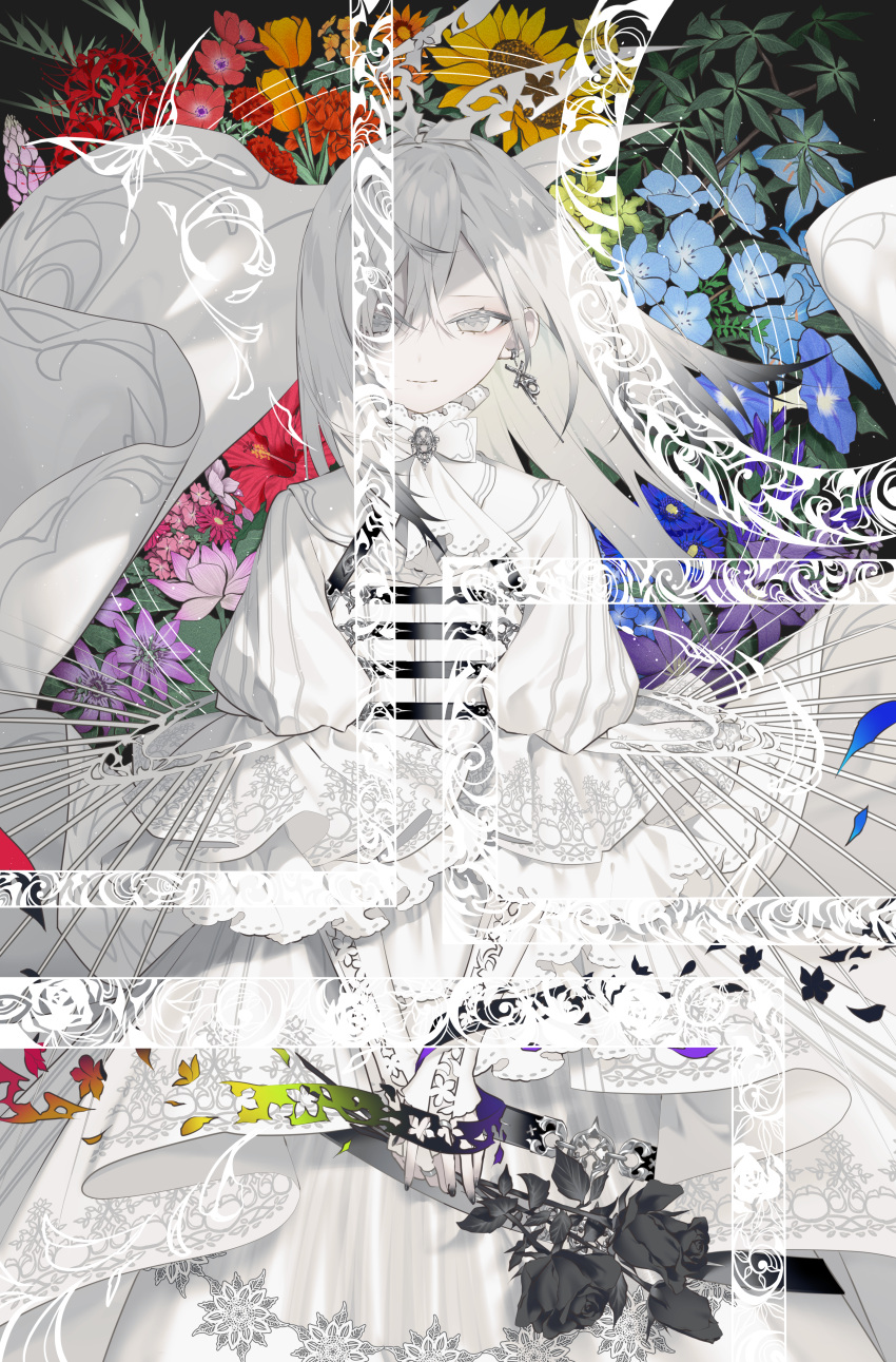 1girl, absurdres, ascot, bellflower, black_background, black_flower, black_nails, black_rose