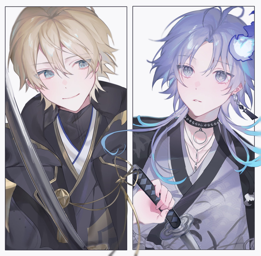 10_io, 2boys, antenna_hair, black_choker, black_jacket, black_kimono, black_shirt, blonde_hair