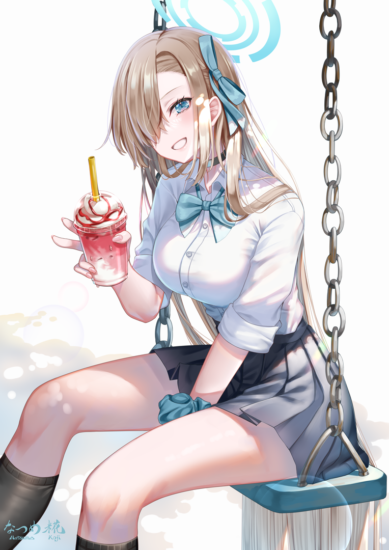 1girl, artist_name, asuna_(blue_archive), asymmetrical_bangs, between_legs, black_skirt, black_socks, blue_archive, blue_choker, blue_eyes, blue_ribbon, blue_scrunchie, bow, bowtie, breasts, buttons, chain, choker, collared_shirt, commentary_request, condensation, cup, dappled_sunlight, disposable_cup, drinking_straw, feet_out_of_frame, fingernails, frappuccino, from_side, grin, hair_between_eyes, hair_over_one_eye, hair_ribbon, halo, hand_between_legs, hand_up, high-waist_skirt, holding, holding_cup, kneehighs, large_breasts, lens_flare, light_blush, light_brown_hair, long_hair, looking_at_viewer, looking_to_the_side, loose_bowtie, miniskirt, natsume_koji, pleated_skirt, ribbon, school_uniform, scrunchie, shirt, sitting, skirt, sleeves_past_elbows, sleeves_rolled_up, smile, socks, solo, sunlight, swing, tree_shade, v, very_long_hair, white_background, white_shirt, wrist_scrunchie