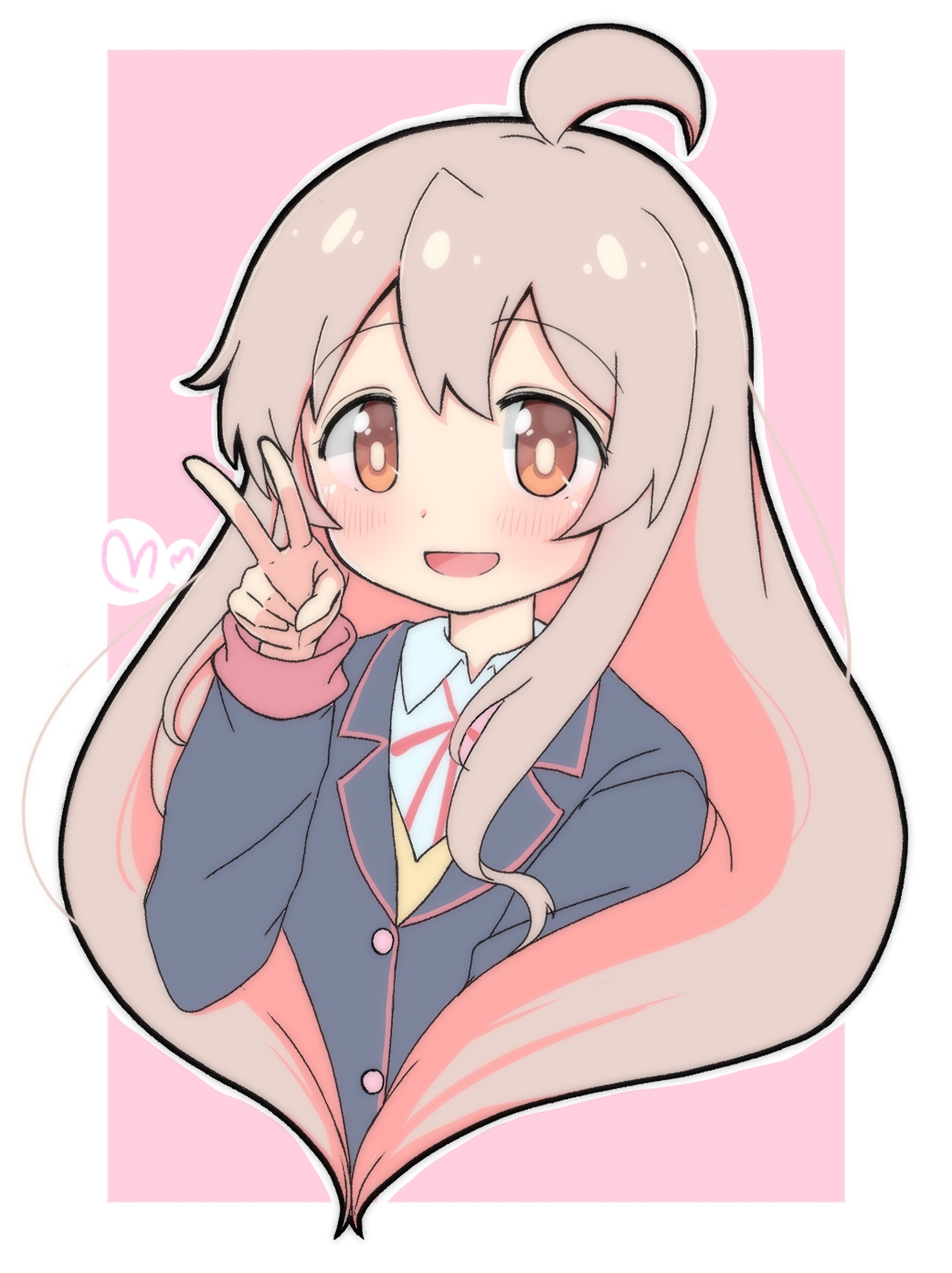 1girl, :d, ahoge, black_jacket, brown_eyes, commentary, cropped_torso, hair_between_eyes