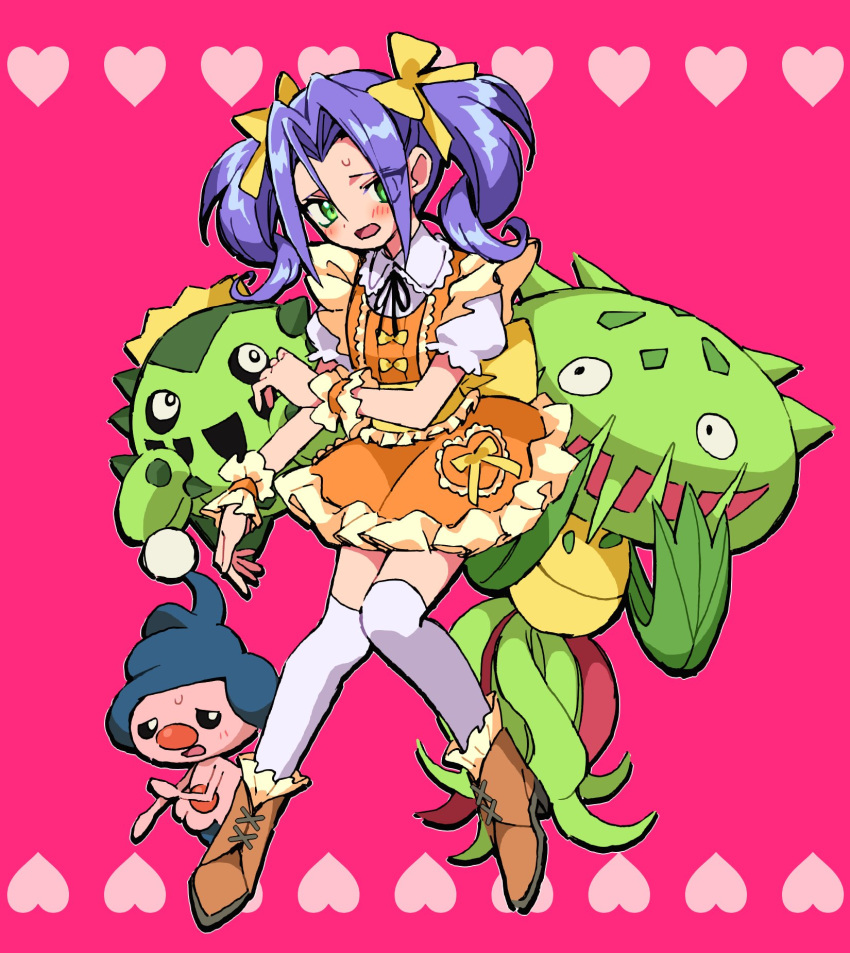 1boy, blush, cacnea, carnivine, crossdressing, green_eyes, hair_ribbon, heart, highres, james_(pokemon), macchiromomomo, mime_jr., pink_background, pokemon, pokemon_(anime), pokemon_(creature), purple_hair, ribbon, short_twintails, shy, twintails