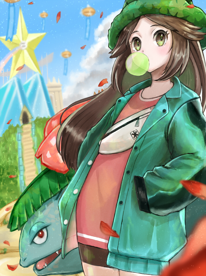 1girl, balloon, black_shorts, blue_sky, brown_eyes, brown_hair, bubble_blowing, chewing_gum