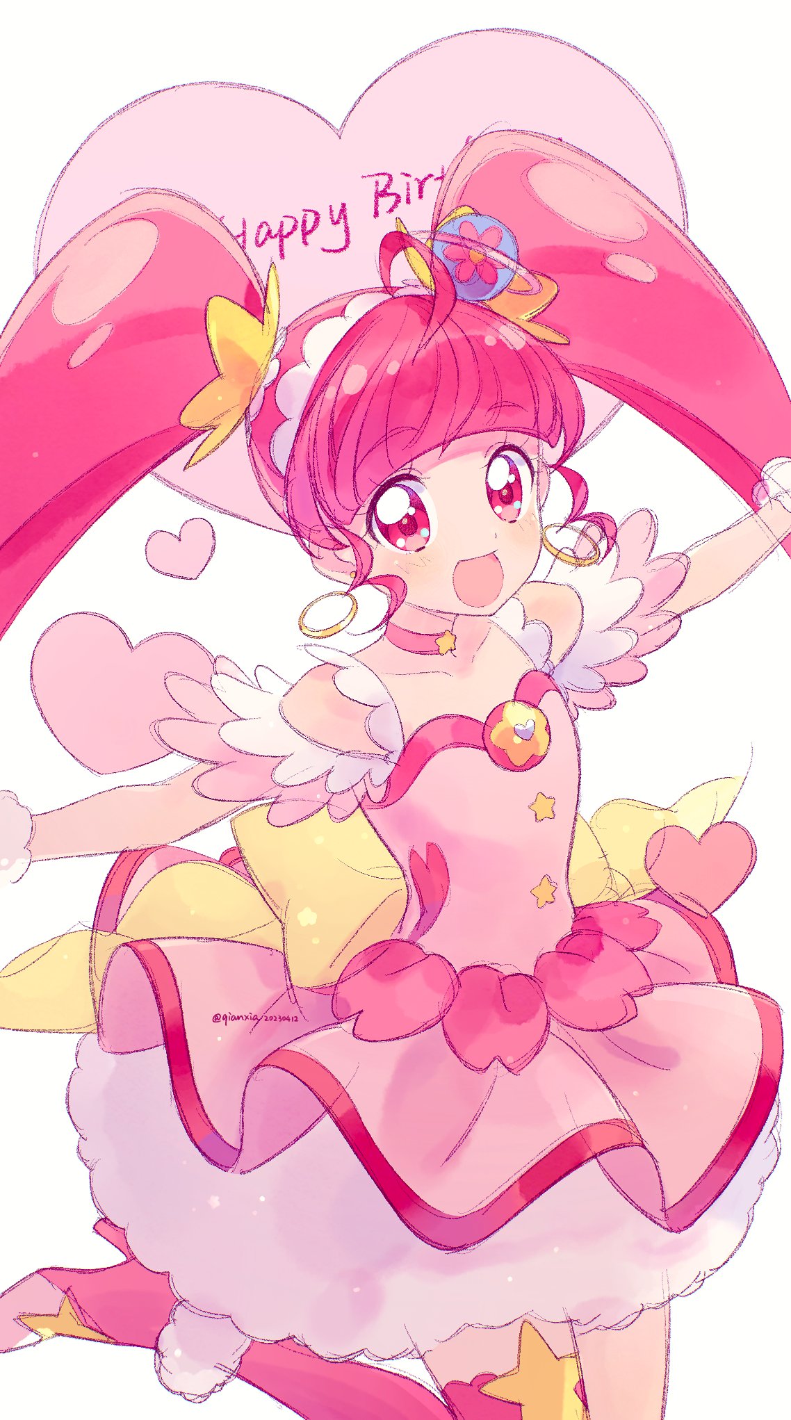 1girl, choker, cure_star, dress, earrings, fur_cuffs, hair_ornament, hairband