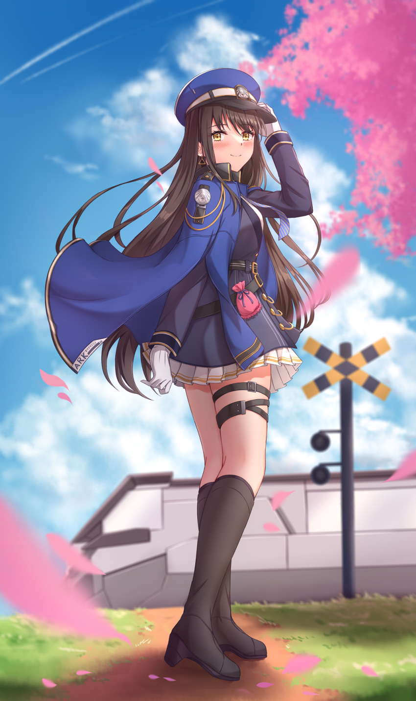 1girl, belt, black_belt, black_footwear, black_hair, blue_coat, blue_headwear, blue_jacket