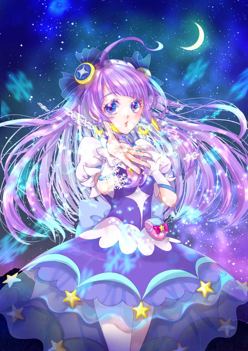 1girl, absurdres, cowboy_shot, crescent, crescent_earrings, crescent_moon, cure_selene, dress