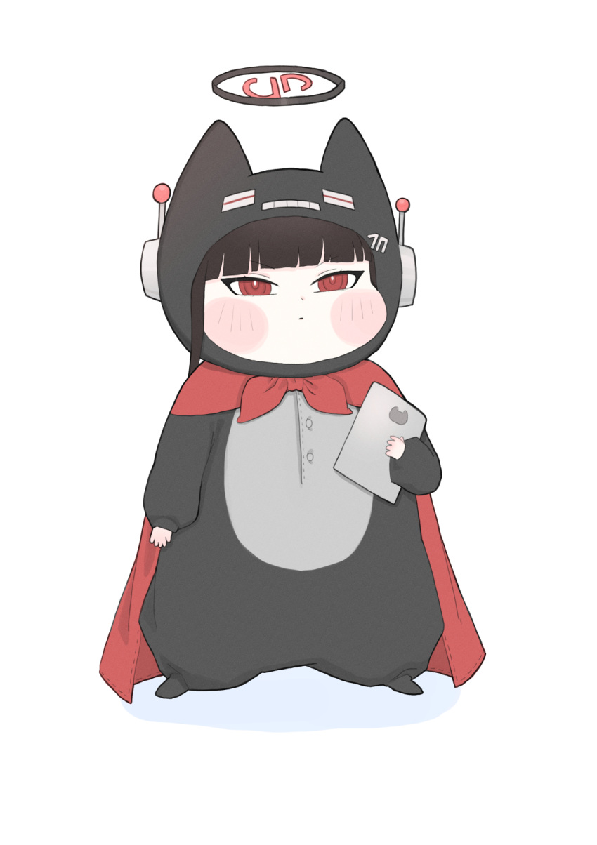 1girl, alternate_costume, avant_garde_(blue_archive), avant_garde_(blue_archive)_(cosplay), black_hair, blue_archive, blunt_bangs, blush_stickers