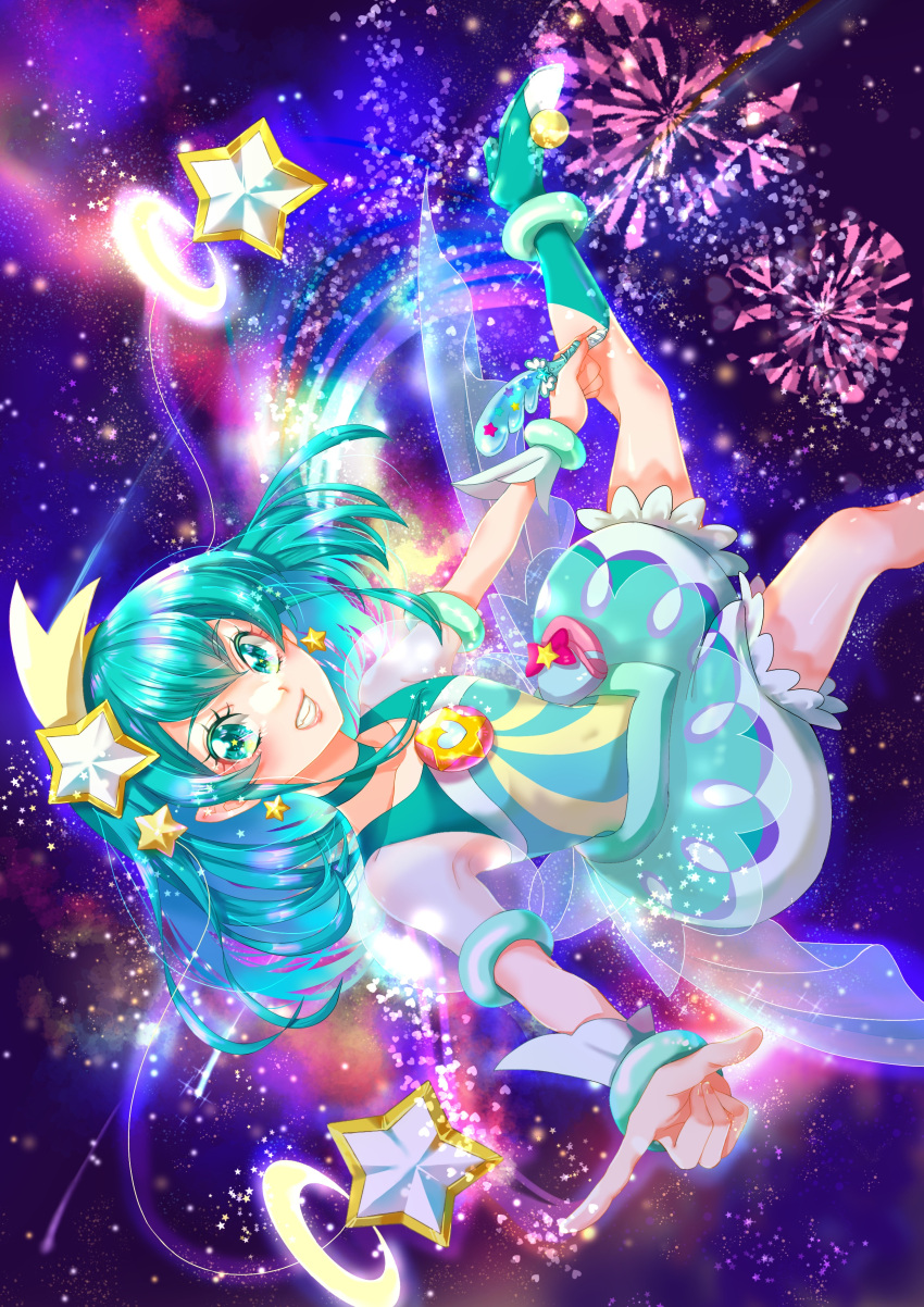1girl, absurdres, aqua_choker, aqua_dress, aqua_hair, aqua_pantyhose, blue_bracelet, bubble_skirt