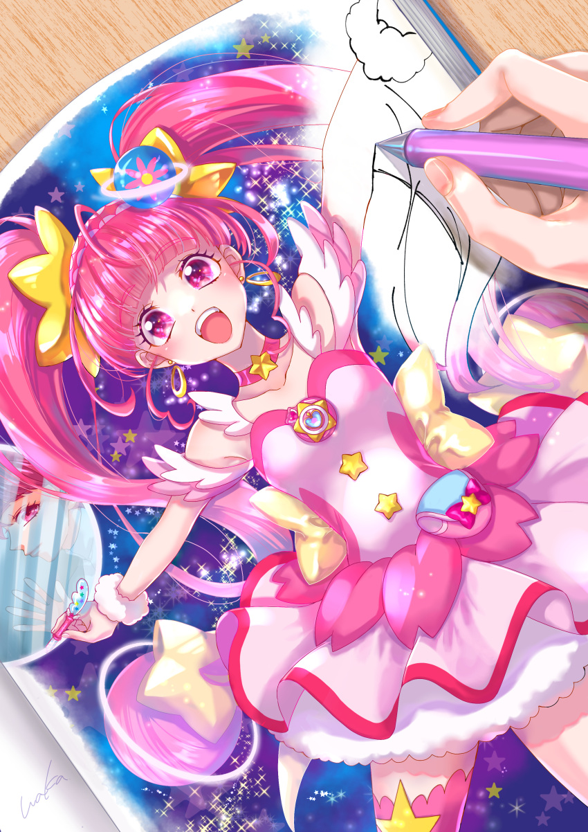 1girl, absurdres, book, breasts, choker, cure_star, drawing, dress