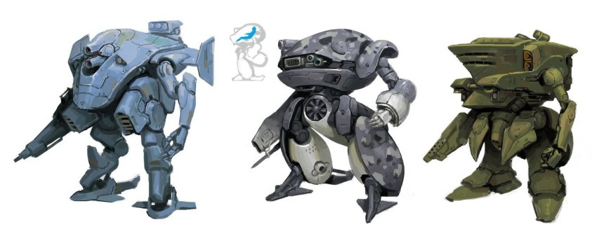 arm_cannon, clenched_hand, cypressdahlia, english_commentary, full_body, mecha, missile_pod, no_humans, open_hand, original, robot, science_fiction, standing, weapon, white_background