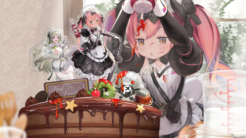 2girls, antenna_hair, apron, arm_cuffs, arm_under_breasts, ascot, black_bow, black_bowtie