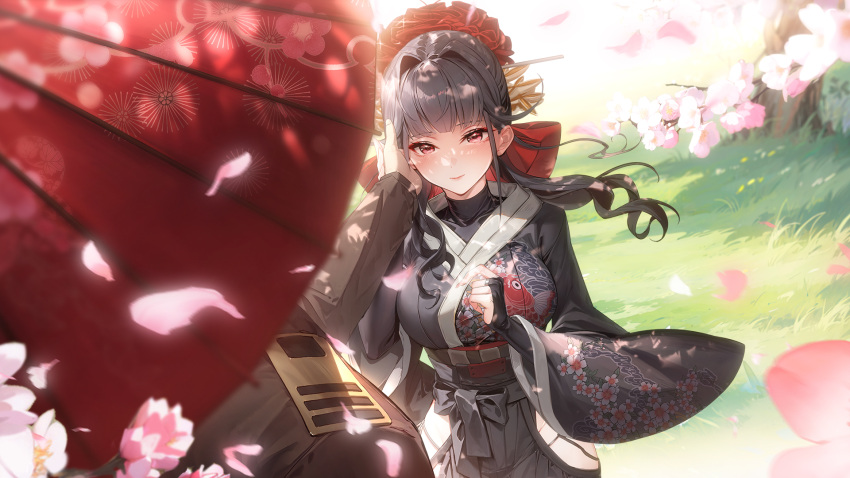 1boy, 1girl, brown_hair, cherry_blossoms, commander_(nikke), falling_petals, goddess_of_victory:_nikke, hand_on_another's_cheek