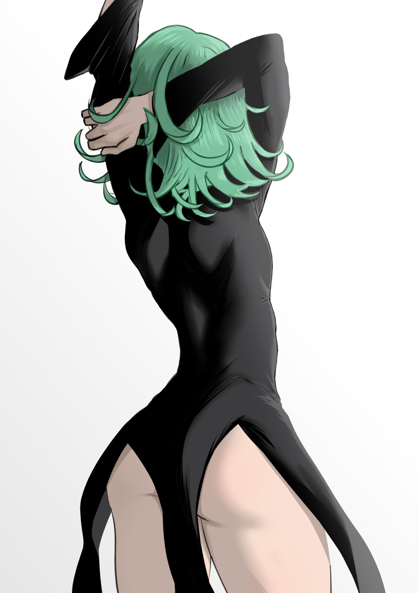 1girl, absurdres, arm_behind_head, ass, back, black_dress, commentary, cowboy_shot, curly_hair, dress, english_commentary, from_behind, green_hair, hands_up, highres, long_sleeves, medium_hair, one-punch_man, redi_(rasec_asdjh), simple_background, solo, standing, stretching, tatsumaki, thighs, variant_set, white_background
