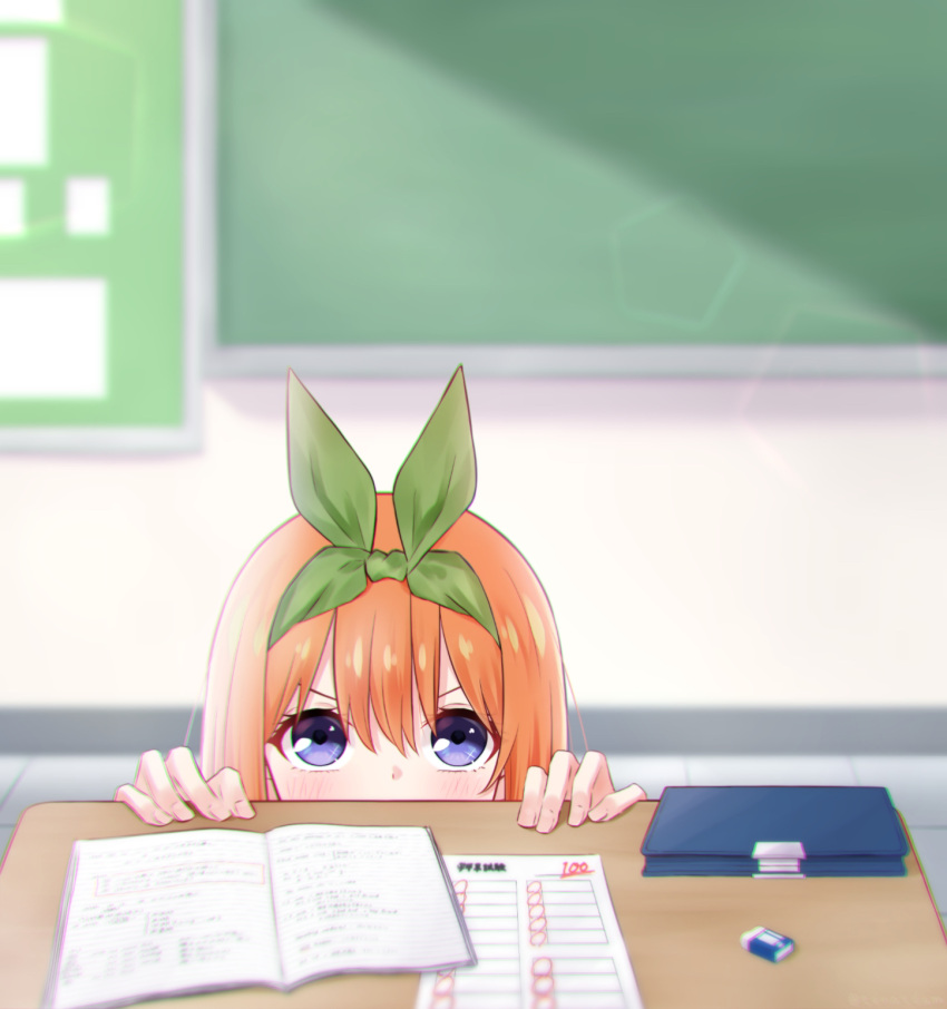 1girl, blue_eyes, blurry, blurry_background, blush, classroom, commentary, desk, detached_sleeves, double-parted_bangs, eraser, eyebrows_hidden_by_hair, eyelashes, fingernails, go-toubun_no_hanayome, green_ribbon, hair_between_eyes, hair_ribbon, head_only, hiding, highres, indoors, looking_at_viewer, medium_hair, nakano_yotsuba, notebook, ribbon, school_desk, sidelighting, solo, straight_hair, ten@_(tenatdam), upturned_eyes, v-shaped_eyebrows