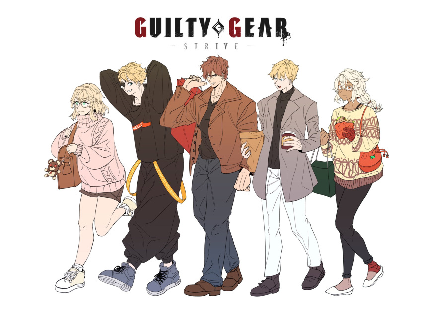 2girls, 3boys, aqua_eyes, blonde_hair, blue_eyes, bridget_(guilty_gear), brown_hair, burger