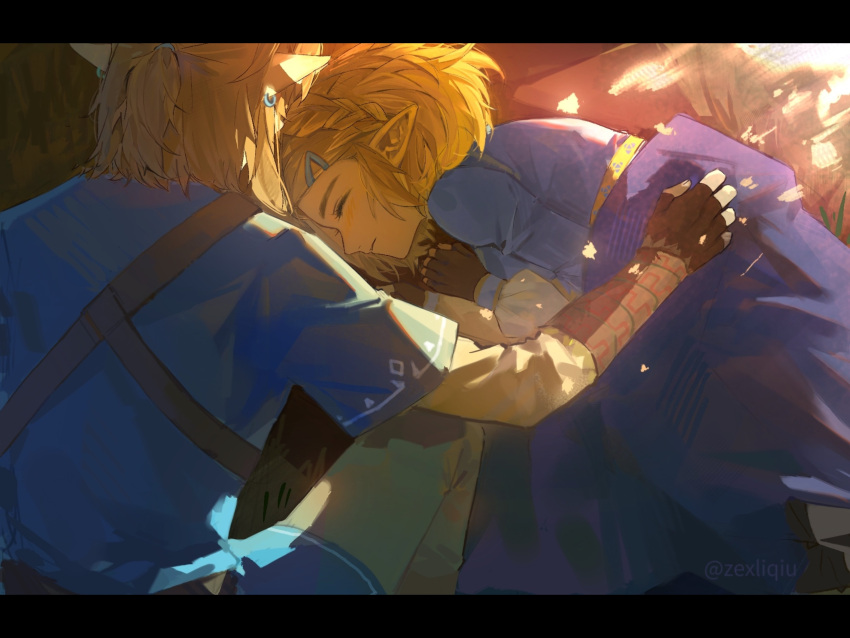 1boy, 1girl, absurdres, blue_shirt, blush, braid, brown_gloves, closed_mouth
