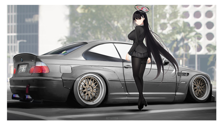 1girl, absurdres, black_footwear, black_hair, black_pantyhose, black_skirt, black_suit, blue_archive