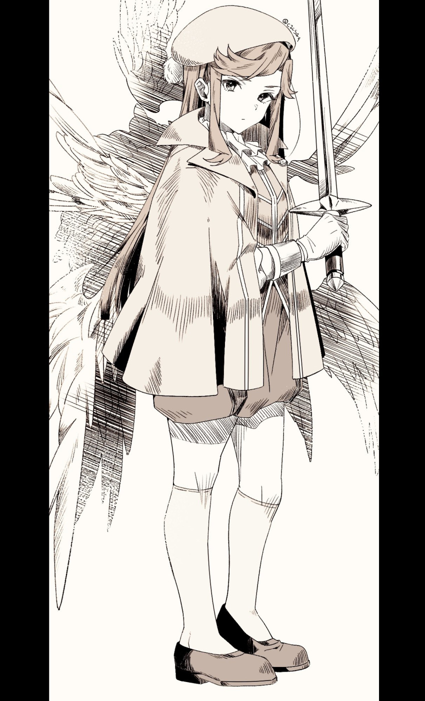 1girl, ascot, cloak, closed_mouth, feathered_wings, full_body, gloves, hand_up