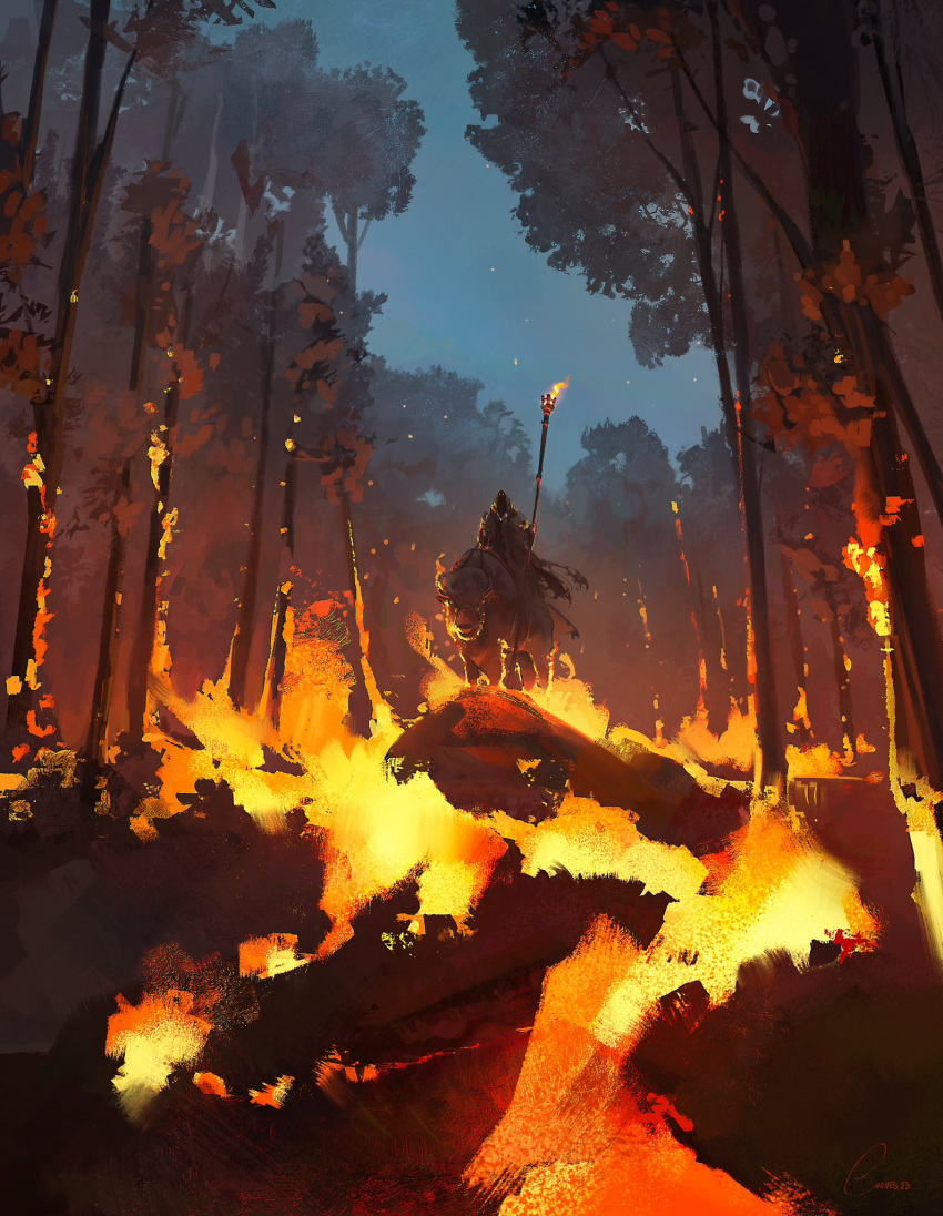 1other, bull, facing_viewer, fire, forest, highres, holding, holding_torch